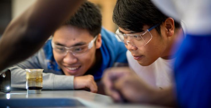 Students in lab glasses observe the interactions of chemicals in vial.